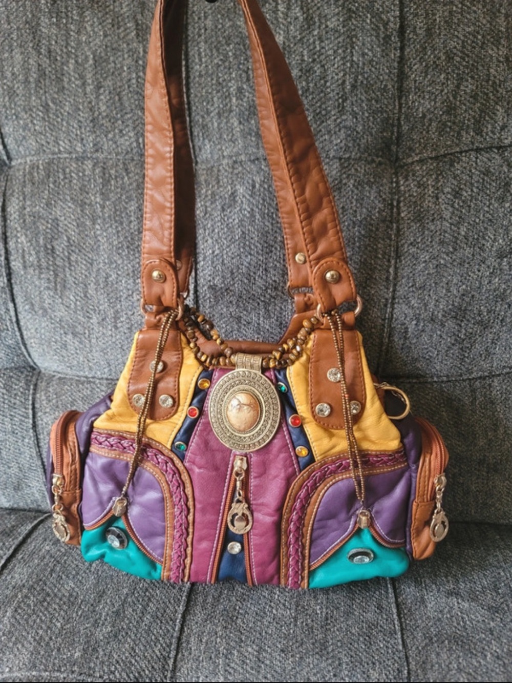 ISO Multicolor Leather Patchwork Shoulder Bag - Brown, Purple, Teal, Yellow